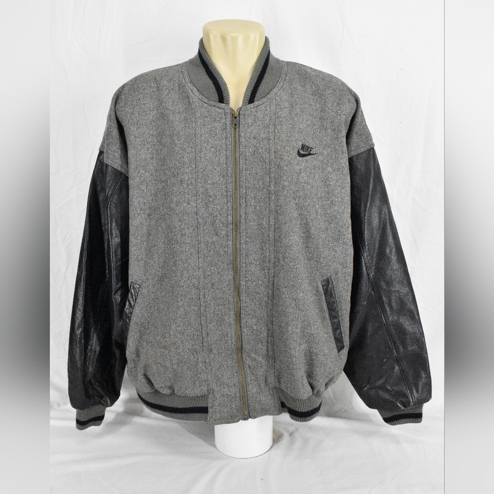 Vintage 90's Nike Leather-Wool Varsity Jacket,Size:XL,Color:Black-Gray